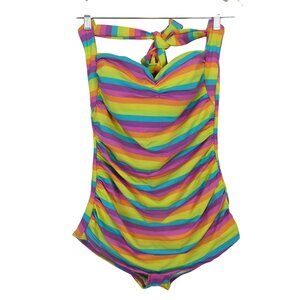 Girl Howdy 1950s pin up pastel rainbow print one piece halter ruched swimsuit 12